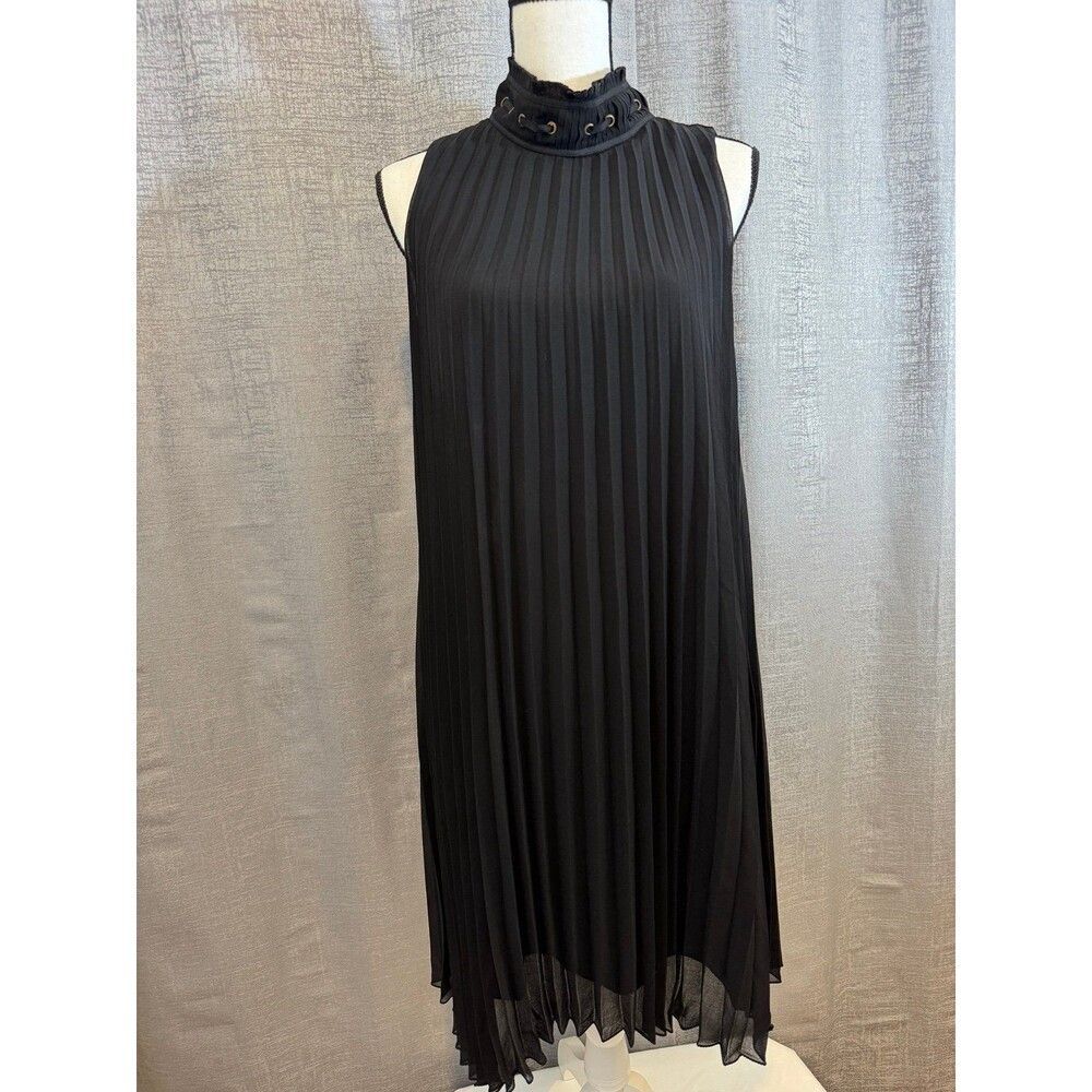Max Studio Pleated Black Dress with High Collar - Size M (A052)